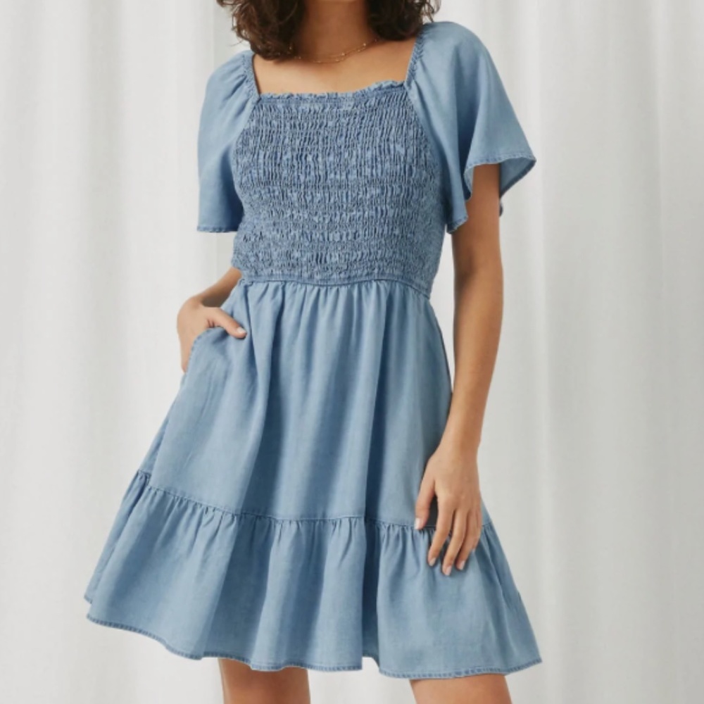 Puff Sleeve Smocked Tencel Dress smocked bodice mini side pockets Sophie Hailee